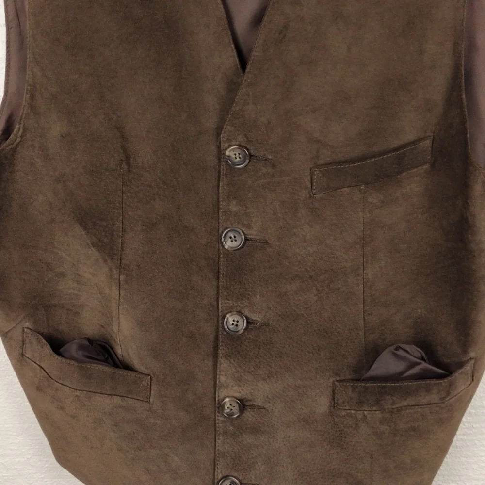 Lineage Vintage Brown Suede Leather V-Neck Sleeveless Button Front Casual Vest